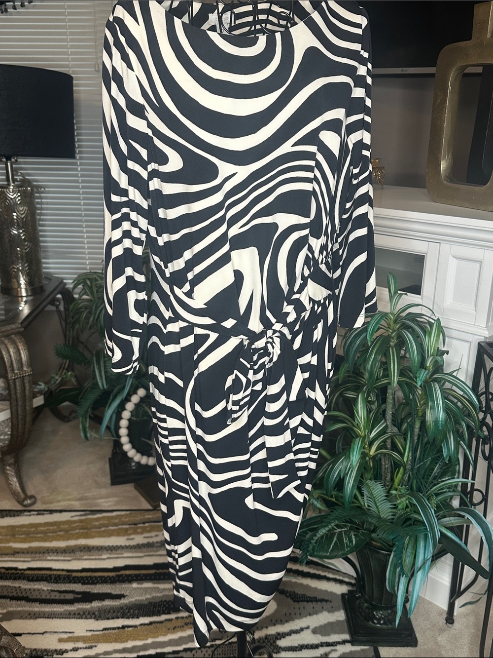 Chico's Black and White Zebra-Print Midi Dress with Tie Waist